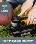Person using Cordless Tire Inflator With Digital Gauge On The Go Portable Air Pump Up To 150 PSI Auto Shut Off 20V Battery Powered