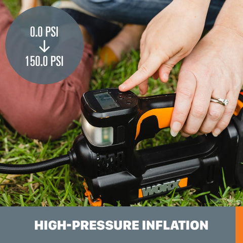 Person using Cordless Tire Inflator With Digital Gauge On The Go Portable Air Pump Up To 150 PSI Auto Shut Off 20V Battery Powered