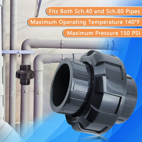 1 Inch Slip Union Coupling Pipe Fitting 4 Pack Schedule 80 with EPDM O Ring Socket X Socket Grey installed on plumbing system