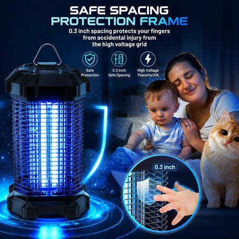 Beast 4200V Bug Zapper Indoor Outdoor Mosquito Killer with 5ft power cord, IP44 waterproof, shown in living room with family and pet