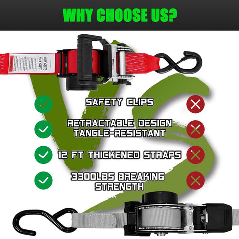 Heavy Duty Self Retracting Ratchet Straps No Sweat One Touch Retraction Quick Release Side Button for Truck Cargo Tie Downs with safety clips and thickened straps.