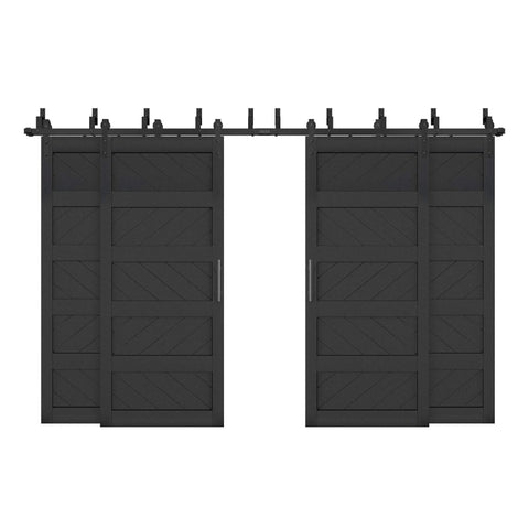 Double Bypass Sliding Barn Door Kit With Wave Panel 144x84 Inches Includes 12 Ft Hardware And Four 36x84 Inch Track Sets Black