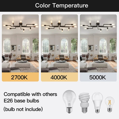 8 Light Sputnik Ceiling Light Fixture Semi Flush Mount Chandelier For Farmhouse Dining Room Living Room Bedroom Kitchen Sleek Modern Lighting E26 LED Compatible Bulbs Not Included