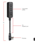 Two Pack 3 Outlet Mini Power Strips With Braided 5 Inch Cords For Desk And Entertainment Setups Ideal For Home And Office Use Compact Space Saving Power Extensions That Help Keep Cables Tidy And Ready, black 3-outlet mini power strip with 5in braided cord and flat plug