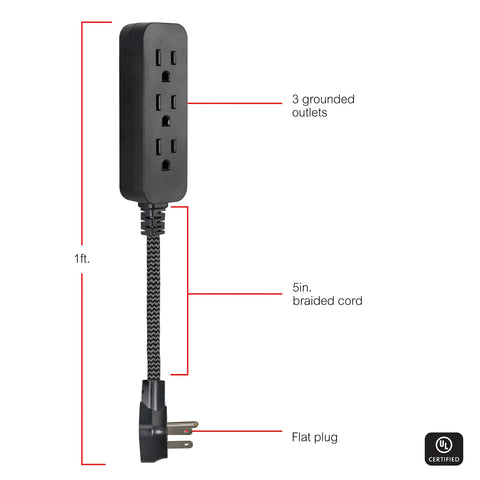 Two Pack 3 Outlet Mini Power Strips With Braided 5 Inch Cords For Desk And Entertainment Setups Ideal For Home And Office Use Compact Space Saving Power Extensions That Help Keep Cables Tidy And Ready, black 3-outlet mini power strip with 5in braided cord and flat plug