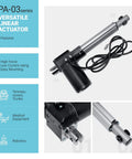 12V Linear Actuator With 12 Inch Stroke And 200 Lbs Of Thrust Low Current DC Motor shown with PA-03 series label and features.