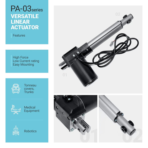 12V Linear Actuator With 12 Inch Stroke And 200 Lbs Of Thrust Low Current DC Motor shown with PA-03 series label and features.