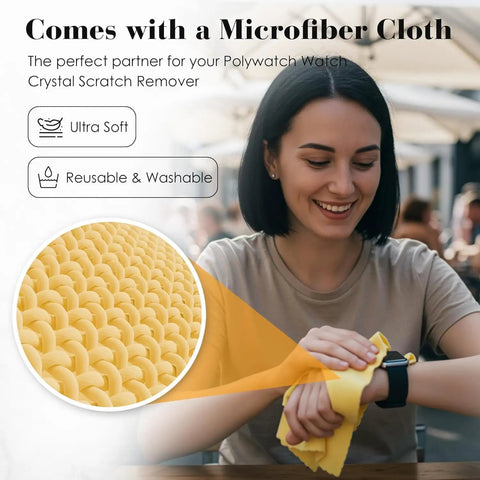 Woman using PolyWatch Plastic Watch Scratch Remover Polish With Microfiber Cloth 2 Pack for watch crystal repair and restoration