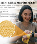 Woman using Plastic Watch Scratch Remover Polish With Microfiber Cloth for acrylic crystal repair, close-up of cloth texture.
