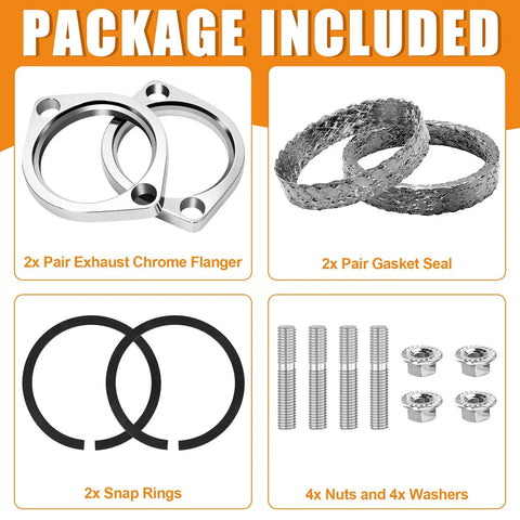 No Sweat Exhaust Gasket Flange Install Kit With Top Tier Nuts Quick Change Clamps and Corrosion Resistant Washers, includes chrome flanges and gasket seals.