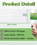 Premium Clear Stretch Wrap Film 4 Inch Pallet Roll With Carry Handle 2000 Ft 80 Gauge Heavy Duty Self Adhering Packing Cling For Moving And Shipping No Sweat Durable Seal, showing 4 inch roll dimensions.