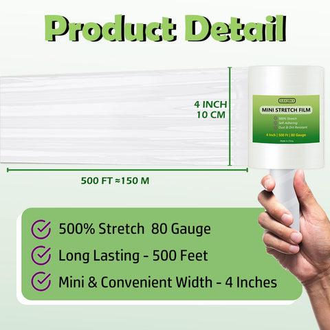 Premium Clear Stretch Wrap Film 4 Inch Pallet Roll With Carry Handle 2000 Ft 80 Gauge Heavy Duty Self Adhering Packing Cling For Moving And Shipping No Sweat Durable Seal, showing 4 inch roll dimensions.