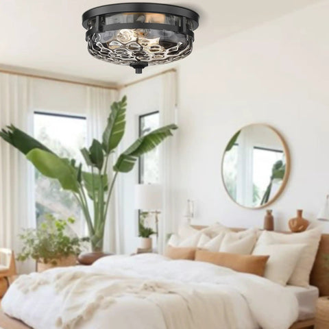 2 Light Farmhouse Flush Mount Ceiling Light Black With Hammered Glass Industrial Close To Ceiling Fixture in bedroom