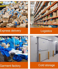Images of express delivery, logistics, garment factory, and cold storage environments.