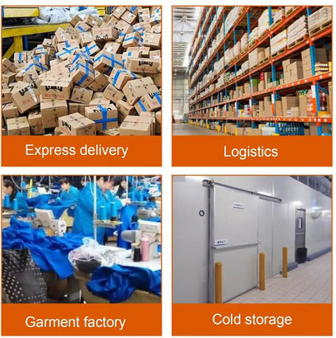 Images of express delivery, logistics, garment factory, and cold storage environments.
