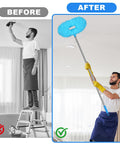 Person using Ceiling Fan Cleaner Duster With Adjustable Extension Pole And Interchangeable Head For Cleaning Fan Blades, Cobwebs, Walls And High Ceilings In Hard To Reach Corners, Blue