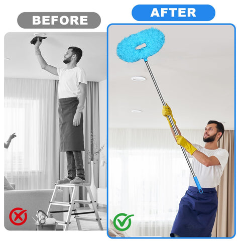 Person using Ceiling Fan Cleaner Duster With Adjustable Extension Pole And Interchangeable Head For Cleaning Fan Blades, Cobwebs, Walls And High Ceilings In Hard To Reach Corners, Blue