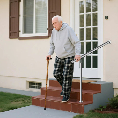 Rock Solid Stainless Steel Handrail For Outdoor Steps Featuring Adjustable Angles And Heavy Duty Build delivering support for a man on stairs.