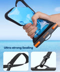 Big Case Friendly Waterproof Phone Pouch Case IPX8 for Galaxy S25 Ultra S22 S23 S24 Ultra and iPhone 17 16 15 14 Pro Max Up to 7.5 Inch Screens Beach Swim Ready Dry Bag for Outdoor Adventurers being tested for water sealing with blue liquid inside