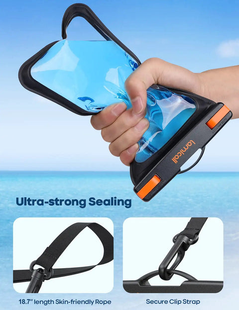 Big Case Friendly Waterproof Phone Pouch Case IPX8 for Galaxy S25 Ultra S22 S23 S24 Ultra and iPhone 17 16 15 14 Pro Max Up to 7.5 Inch Screens Beach Swim Ready Dry Bag for Outdoor Adventurers being tested for water sealing with blue liquid inside