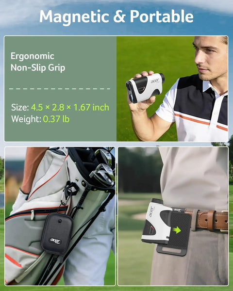 Pro Golf Rangefinder With Slope Switch And Pin Lock Vibration for Precise Readings, shown with ergonomic grip and portability.