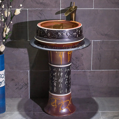 Gotta Have Heavy Duty Round Ceramic Basin Freestanding Sink Slick Polished Finish Zero Sweat Cleanup Standalone Lavatory Vessel with intricate design