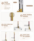 Close-up of the Handy Portable Mobile Lifting Stacker With Winch Tool for Cabinet Installation showing dual-handle design and braking system.