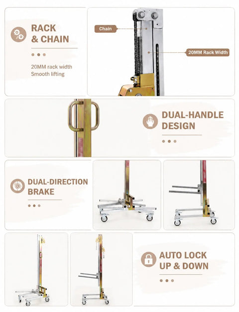 Close-up of the Handy Portable Mobile Lifting Stacker With Winch Tool for Cabinet Installation showing dual-handle design and braking system.