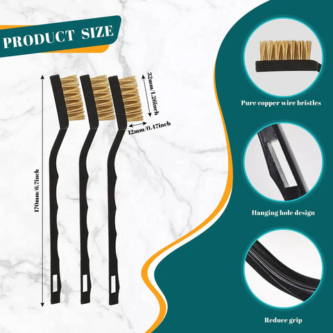 12 Piece Mini Brass Brush Set With Curved Handles And 2 Cleaning Scrapers showing product size and design features