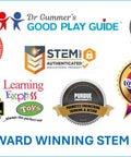Award logos for STEM toys including Dr. Gummer's Good Play Guide and Toy Insider.