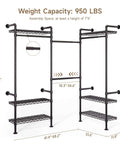Industrial Pipe Wall Mounted Garment Rack With Walk In Closet System, Four Expandable Rods And Six Adjustable Shelves, Black Metal Closet Shelving