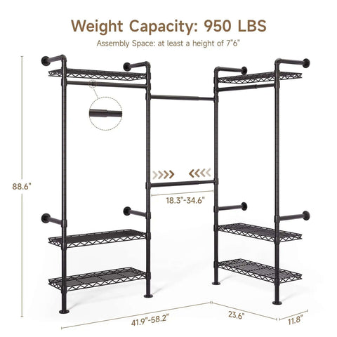 Industrial Pipe Wall Mounted Garment Rack With Walk In Closet System, Four Expandable Rods And Six Adjustable Shelves, Black Metal Closet Shelving