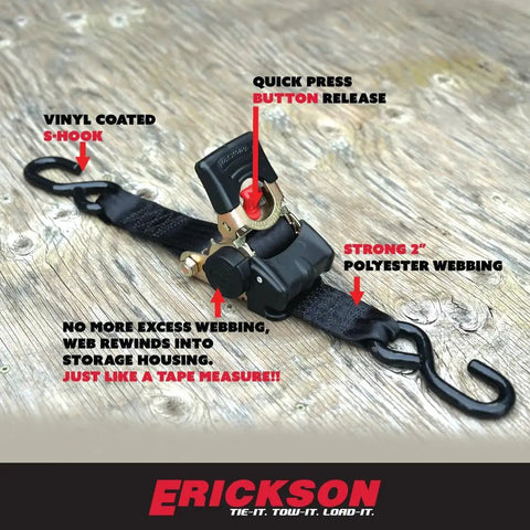 2 Inch By 10 Foot Black Retractable Ratchet Tie Down Straps With Auto Retract And One Button Release, heavy duty 3300 lb