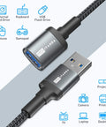 Ultra Long 10FT USB 3.0 Extension Cable Type A Male To Female shows gray braided cable ends for smooth 5Gbps connections.