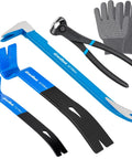 4 Piece Pry Bar Set With 12 Inch Cat's Paw Nail Puller, 10 Inch And 7.5 Inch Flat Pry Bars, 8 Inch End Cutting Pliers, Nail Removal And Scraping Tool Kit For Baseboards, Flooring, Lifting, And Prying, Includes Gloves For DIYers. Blue steel pry bars, pliers, and gloves