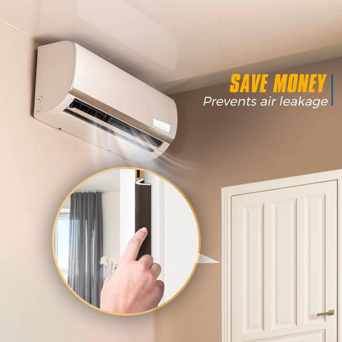 Slap On This Foolproof Door Weather Stripping To Kick Chilly Drafts To The Curb Featuring A Tight V Shaped Kerf Seal That Blocks Light Noise And Wind While Keeping Your Cozy Home Insulation Secure For 26 FT In Brown, showing installation near air conditioner.