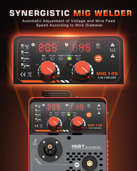 145A MIG Welder 110V 4 In 1 Multi Process Wire Feed Welder control panel showing voltage and settings