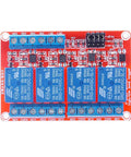 Four Channel 24V Relay Module With Opto Isolation High And Low Level Trigger for PLC automation shown with blue relays on red board