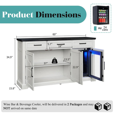 Farmhouse 60 Inch Coffee Bar Cabinet With Built In Bev Fridge And Drawer Storage, Wine Bar Cabinet dimensions illustration