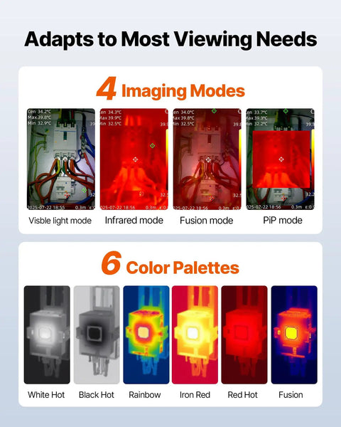 Beast Mode Thermal Imaging Camera With 320x240 TISR Super Resolution And 2MP Visual Camera displaying modes and color palettes