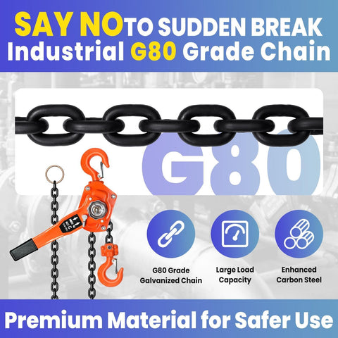 Beefy 6600 Lbs Capacity Lever Chain Hoist With 10 Ft Chain Come Along Double Pawl Brake And Upgraded Auto Chain Lead showing G80 chain
