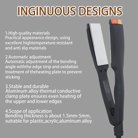 Side view of handheld acrylic bending tool with black handle and metal plate for DIY projects, showing functionality details.