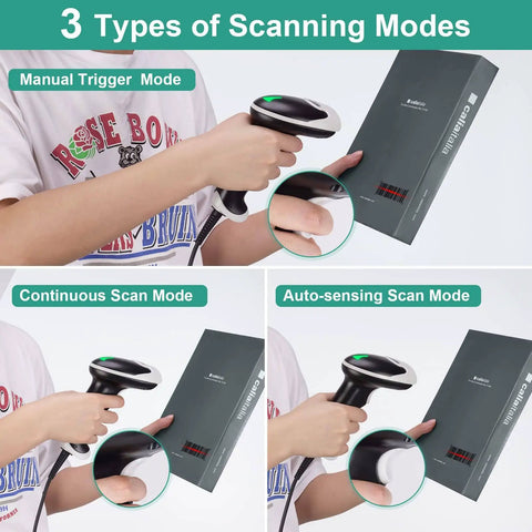 Person using No-Fuss Handheld USB Barcode Scanner, Wired Plug And Play, 1D 2D QR PDF417 Data Matrix Reader For Windows Mac Android Linux.