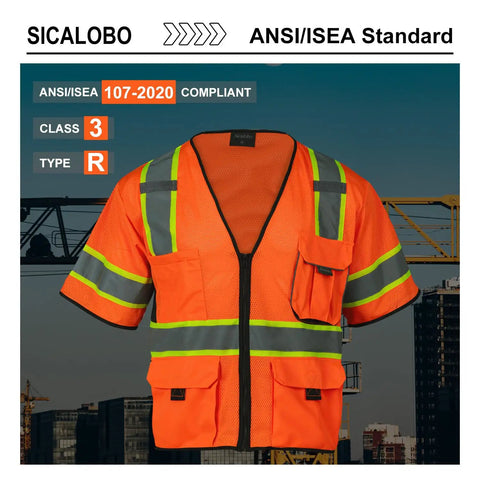 Kickass Mens High Visibility Mesh Safety Vest With Ten Functional Pockets And Zipper Front Ansi Class Three Reflective Work Gear