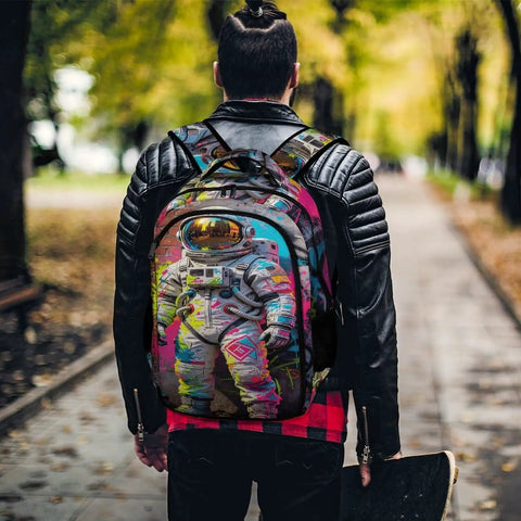 Person wearing Graffiti Alley Spaceman Printed Backpack For Everyday Use Unisex Large Capacity Daypack Dope Durable Polyester Build With Smooth Zipper Breathable Comfort For School Work Travel