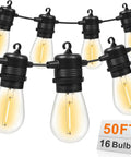 50Ft LED Outdoor String Lights With 16 Shatterproof S14 Replaceable Bulbs 2700K Warm White shown hanging against a white background