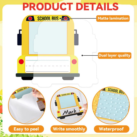 Bus Themed 24 Pack Kid Friendly School Name Plates For Desks And Cubbies Self Adhesive With Photo Space product details.