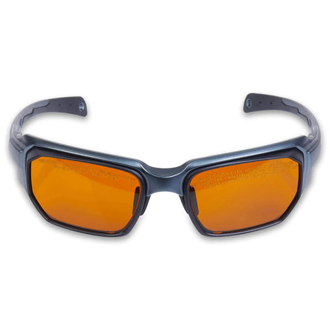 Front view of High Grade Laser Safety Eyewear For Tattoo Removal, Vein Removal, And Pigmented Lesion Treatments With 190 To 534 Nm And 850 To 1064 Nm Filters, Wraparound Eye Frames For Docs And Laser Pros, ANSI Z136.1 Certified.