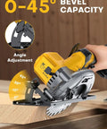 Badass Brushless Cordless Circular Saw Slick 6 Inch Blade Kicks Butt With DeWalt 20V Compatible showing 0-45° bevel adjustment on wood.