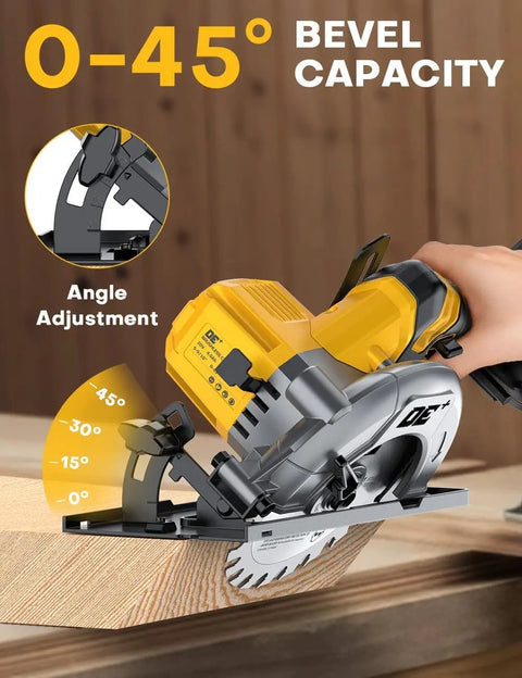 Badass Brushless Cordless Circular Saw Slick 6 Inch Blade Kicks Butt With DeWalt 20V Compatible showing 0-45° bevel adjustment on wood.